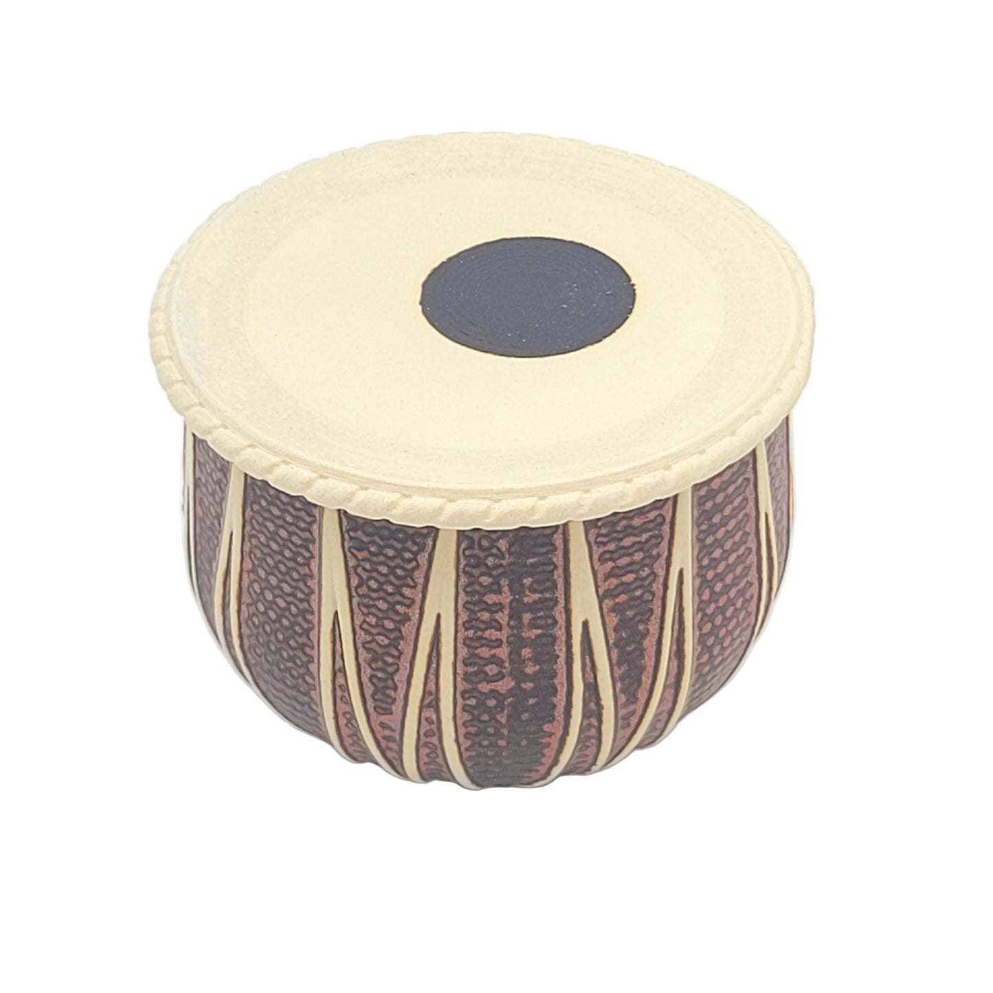 Small ceramic tabla bass drum with a copper glazed body, beige straps, and a light beige drum head featuring a black circular center, shown on a plain white background.