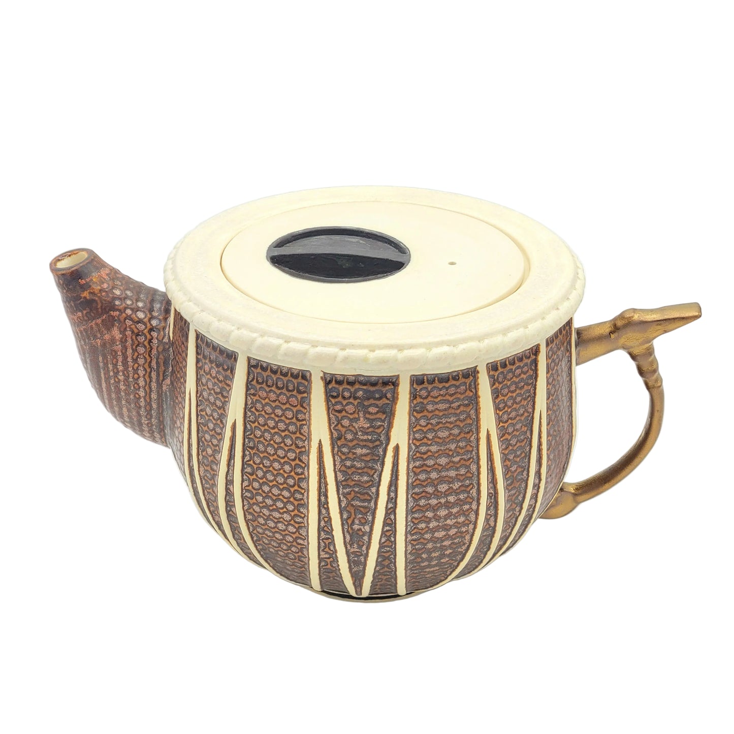 A bayan drum ceramic teapot with a textured copper glazed body, a cream-colored lid, and a gold-toned handle, shown on a white background.