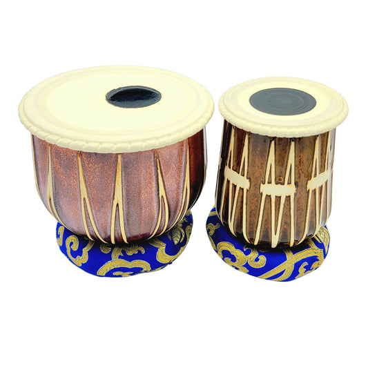 Pair of decorative stoneware tabla drums with decorative ring cushions