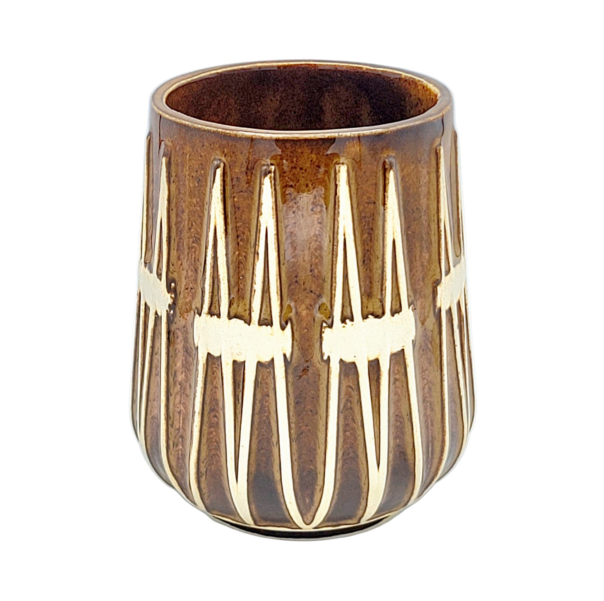 Stoneware cup in the shape and style of a tabla drum. Brown woodgrain glazed exterior