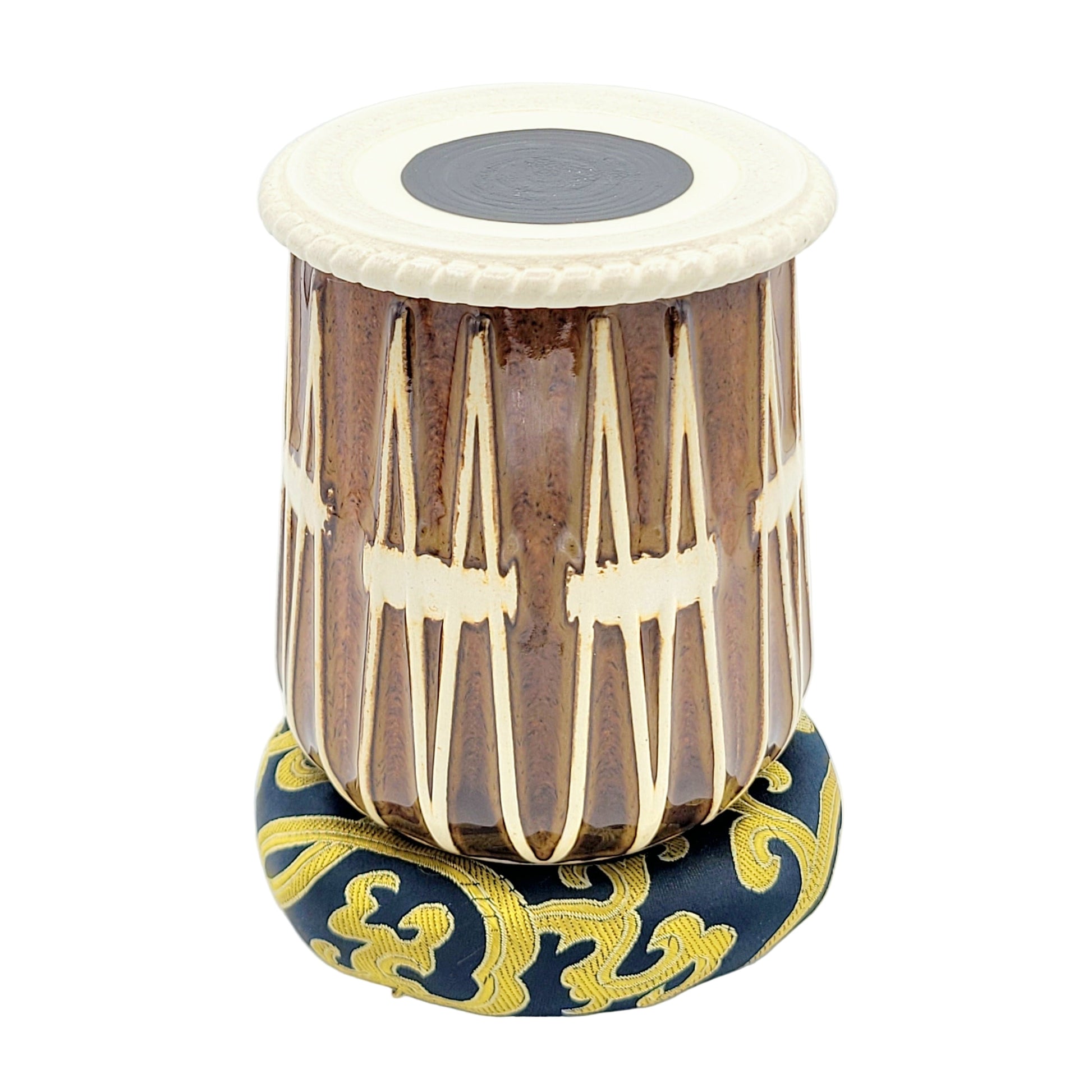 Stoneware cup with lid in the shape and style of a tabla drum with a brown glaze resembling wood grain