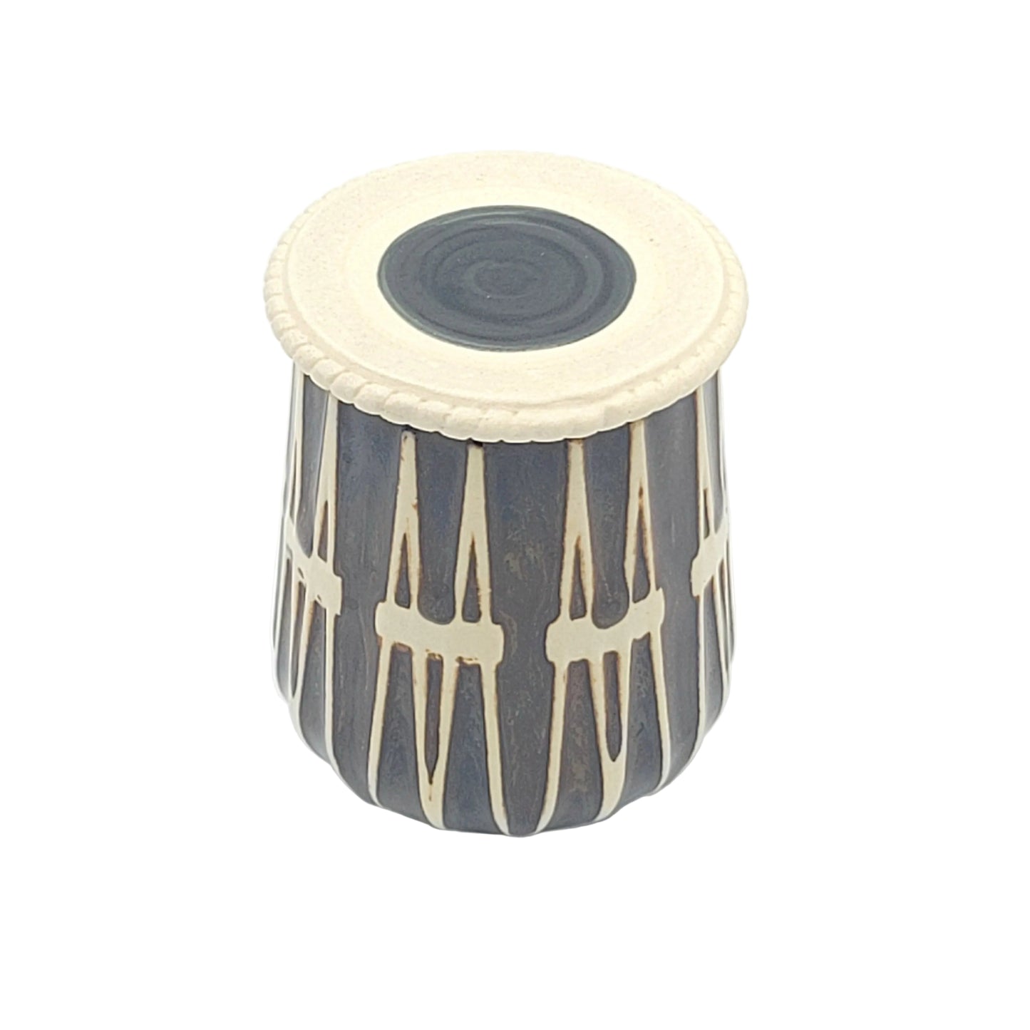 Espresso sized ceramic tabla cup with dark glazed body, cream-colored glazed lid on a white background.